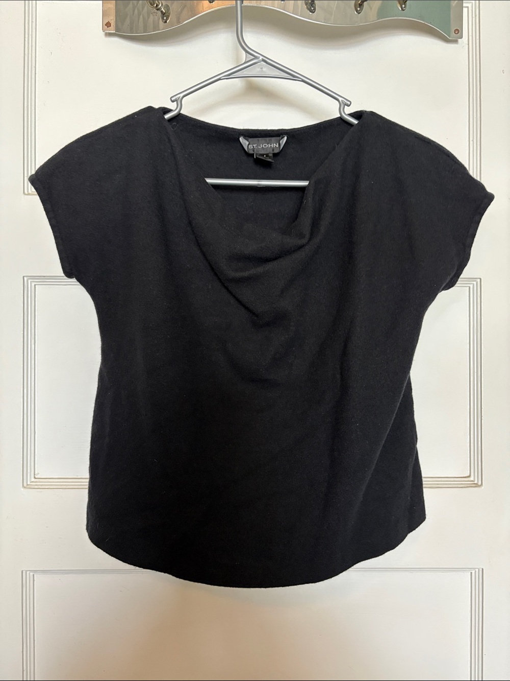 St. John Black Draped Neck Short Sleeve Knit Top Size S